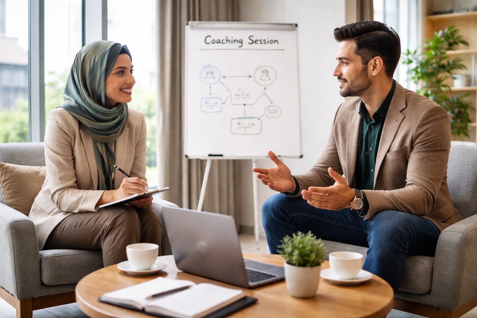 یک خانم و یک آقای جوان در جلسه ای نشسته اند و صحبت می کنند